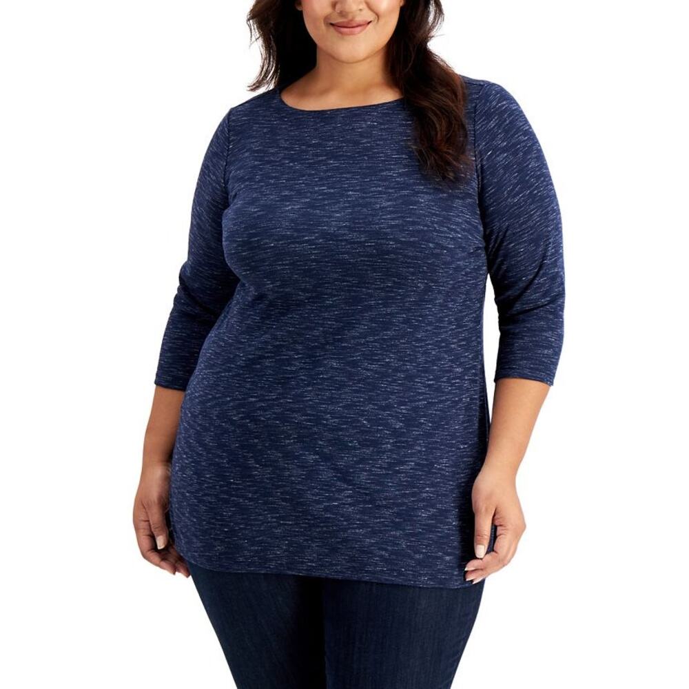 Karen Scott Boat‎ Neck Tunic Top NWT Womens Size 2X Blue Space Dye 3/4 Sleeve